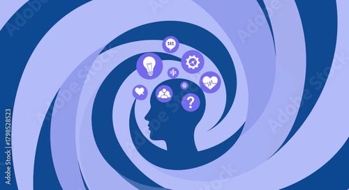 A conceptual design featuring a human head silhouette in profile surrounded by a hypnotic blue spiral, with icons representing thoughts, emotions, and mental health floating above the mind.