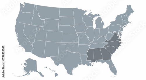 A vector map of the United States of America with the southeastern states highlighted in dark grey, contrasting against the rest of the light grey country.