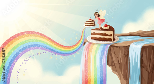 Whimsical Dessert Dreamscape: Fairy on Chocolate Cake Atop a Rainbow Waterfall