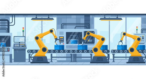 Three yellow robotic arms working on a conveyor belt, placing blue boxes in a modern, automated factory setting.
