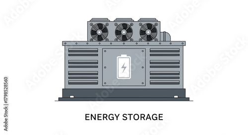 Illustration of an energy storage unit with three fans on top and a battery symbol on the front panel, representing power and technology.