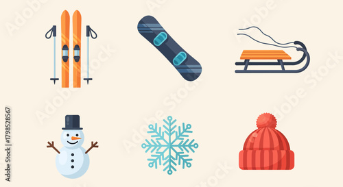A flat vector icon set featuring six winter-themed items including orange skis, a blue snowboard, a sled, a snowman, a snowflake, and a red knitted beanie hat.