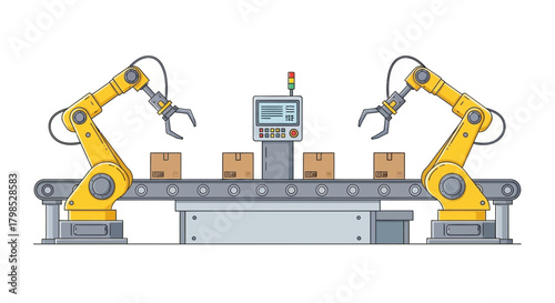 Two yellow robotic arms work on an assembly line, handling cardboard boxes on a conveyor belt, overseen by a control panel.