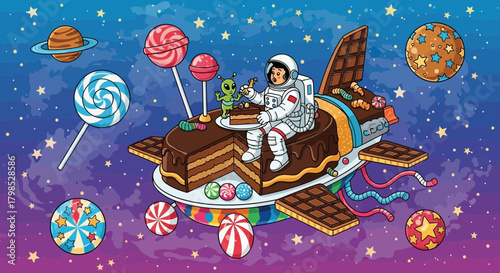 Astronaut and alien sharing cake in chocolate rocket ship over cosmic background
