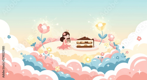 Whimsical cake celebration amidst blooming fantasy gardens and pastel clouds