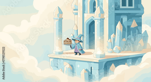 A whimsical wizard delivers a cake at a crystal castle floating in the clouds