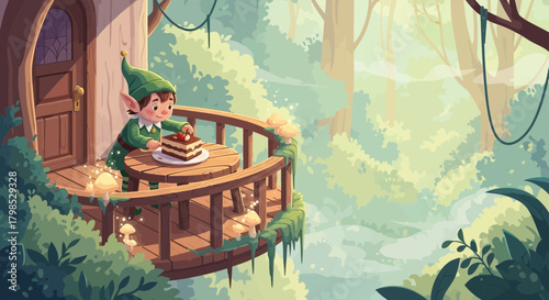 Delightful forest abode, home to a charming elf savoring a slice of cake