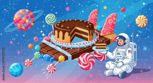 A Sweet Mission: Astronaut Discovering a Candy Galaxy Floating Among the Stars