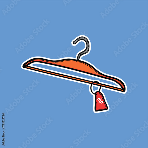 Cartoon Clothes Hanger With Price Tag and Discount Symbol On Blue Background Bold Illustration