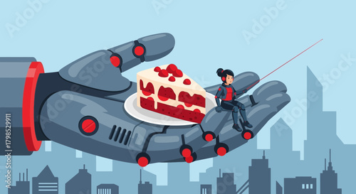 Futuristic dessert offering with a robotic arm and diminutive companion concept