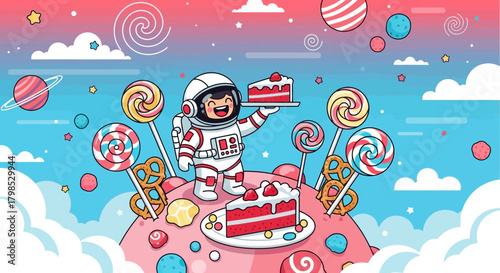 Astronaut enjoying sweet treats on candy planet with joyful and playful style