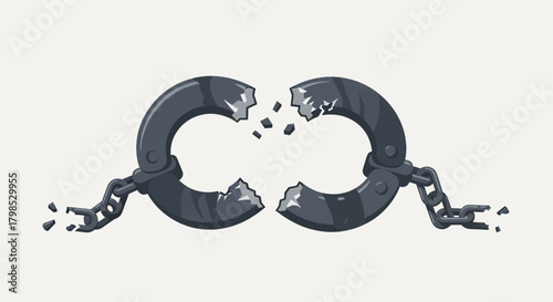 Powerful illustration of a pair of dark grey steel handcuffs broken in the middle, representing freedom, liberation, and the end of captivity.