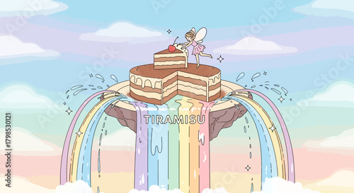 Whimsical Tiramisu Fountain: A Sweet Fairy Tale in Pastel Hues and Cartoon Style