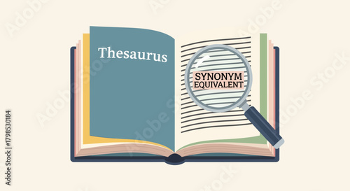 Educational illustration of an open blue book titled "Thesaurus" with a magnifying glass highlighting the words "SYNONYM EQUIVALENT" on the page.