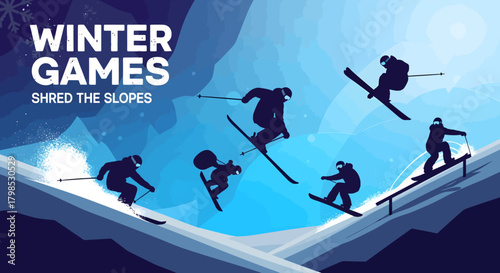 Dynamic winter sports banner featuring silhouettes of skiers and snowboarders performing tricks on snowy slopes with text overlay..