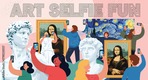 Group of diverse people in an art gallery taking selfies with smartphones in front of famous classical paintings and sculptures.