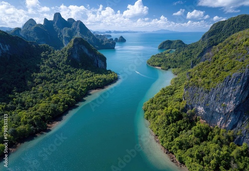 aerial view of phang nga bay, thailand, with multiple islands and green waters