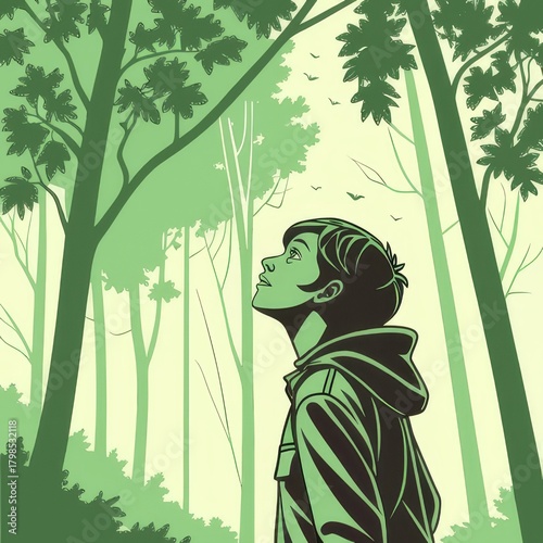 Person Looking Up in Forest