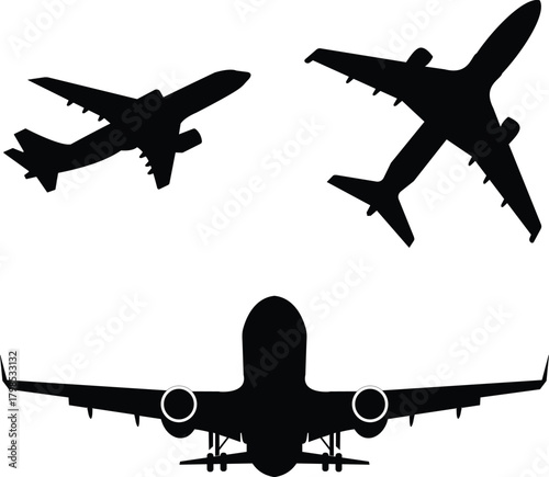 Airline airplanes silhouettes flying set for travel and transport