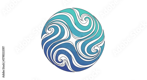 Dynamic aqua sphere featuring swirling currents in teal and azure gradients on white backdrop