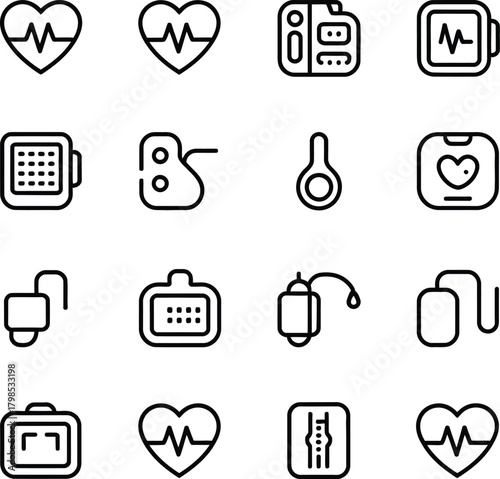 Assortment of Medical and Health Monitoring Outline Icons , medical, health, monitoring, heart, pulse, blood 