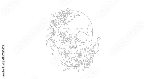 Ethereal skull adorned with floral elements evoking a sense of life and decay