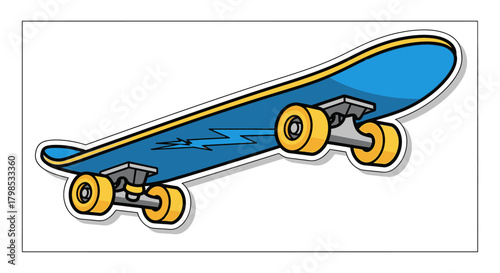 Stylized illustration of a blue skateboard with yellow wheels and a lightning bolt design on a
