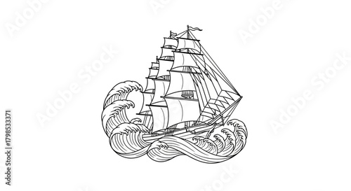 Majestic tall ship sailing through turbulent seas, a vintage nautical illustration, bold lines