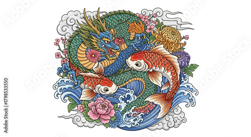A captivating fusion of asian dragon and koi carp amidst a blossom cascade illustration