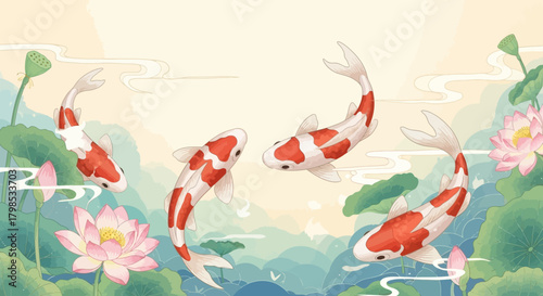 Elegant depiction of koi fish swimming among lotus flowers in a serene watercolor style scene