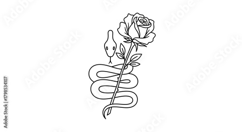 Enigmatic fusion snake winding around botanical rose, a visual tale of duality and contrast