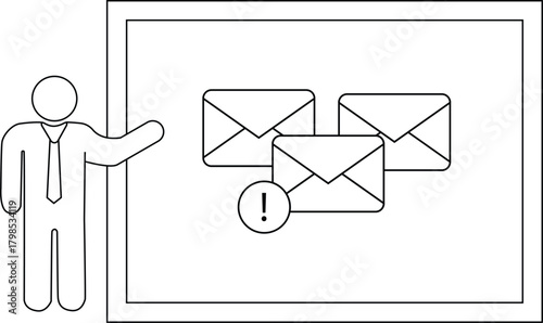 A person gesturing towards a board displaying three emails one with an exclamation mark