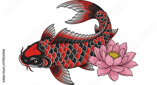 Detailed vector illustration showcasing koi fish with vibrant scales and a lotus flower