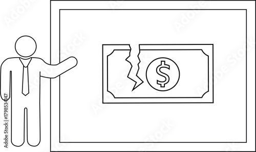 A person presents a broken dollar bill on a framed display