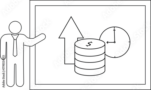 A person presenting a graphic of an up arrow a stack of coins and a clock on a whiteboard