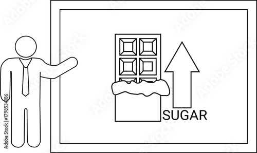 A person presents a chart showing a chocolate bar and sugar with an upward arrow