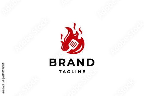 smoked meat barbecue logo with spatula flame. food logo design inspiration