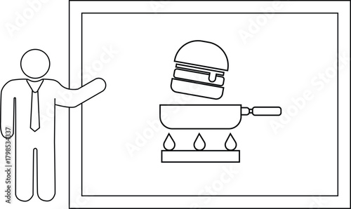 Cartoon figure presents a blackboard illustration of a burger frying pan and gas flames