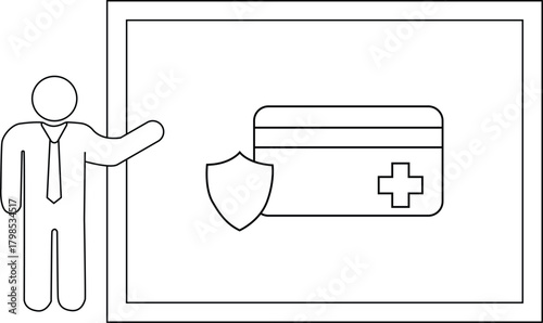 Presentation with a stick figure pointing to an image of a protected healthcare card on a screen