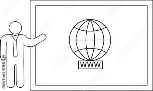 Stick figure presenting www globe symbol standing beside a framed whiteboard