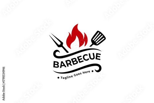 Vintage smokehouse barbecue bar and grill logo design with fork and flames.