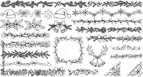 Hand-Drawn Christmas and Winter Doodle Elements Set: Festive Borders, Dividers, Garlands, Bells, Hats, Holly, Pinecones, and Snowflakes