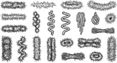 Hand-Drawn Christmas Garland  Tinsel Set. Festive Holiday Decorations Sketch Style Collection with Wreaths, Ornaments, and Straw Bundles.