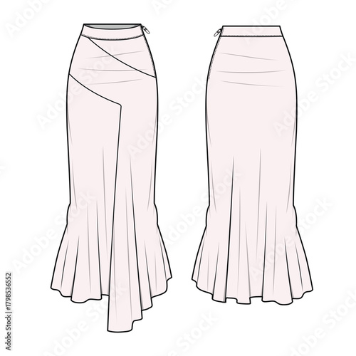 Midi skirt front and back view technical flat sketch vector mockup illustration.