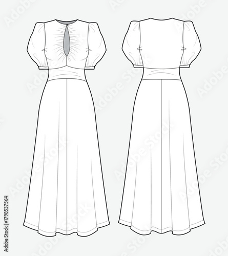 Peasant dress vector design mockup template technical flat sketch.