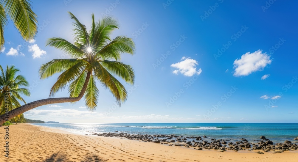 Fototapeta premium Serene Tropical Beach with Leaning Palm Tree and Ocean. Perfect Tropical Getaway with Sandy Shore and Blue Water. Idyllic Beach Scene with Sun Flare and Turquoise Sea.