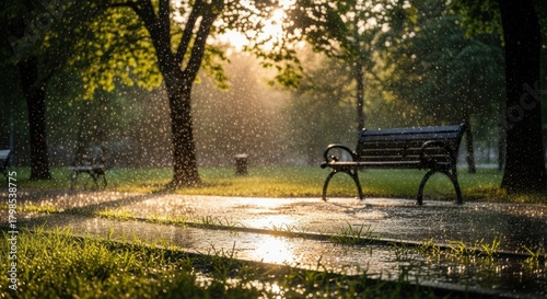 Sunlit Rain Shower in a Lush Green Park. Refreshing Park Scene with Raindrops Catching Sunlight. Contrast of Rain and Sun on a Wet Park Pathway.
