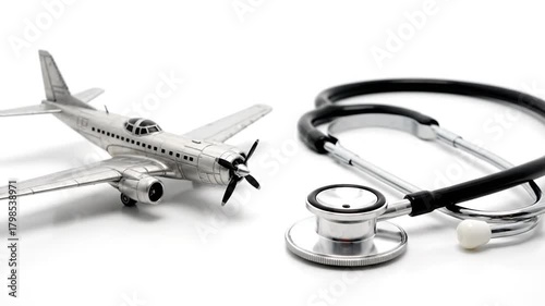 Metal plane and stethoscope sit on a white background, sharp focus