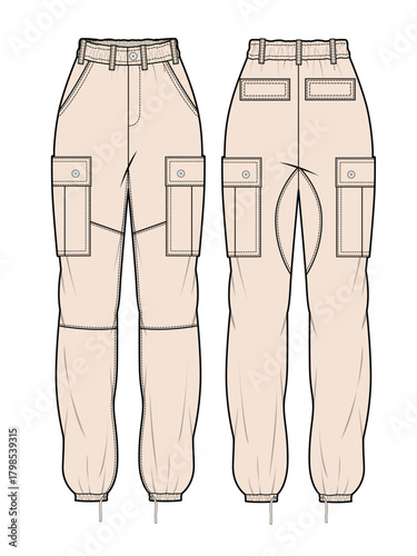Women's cargo pant front and back view vector design mockup template technical flat sketch.