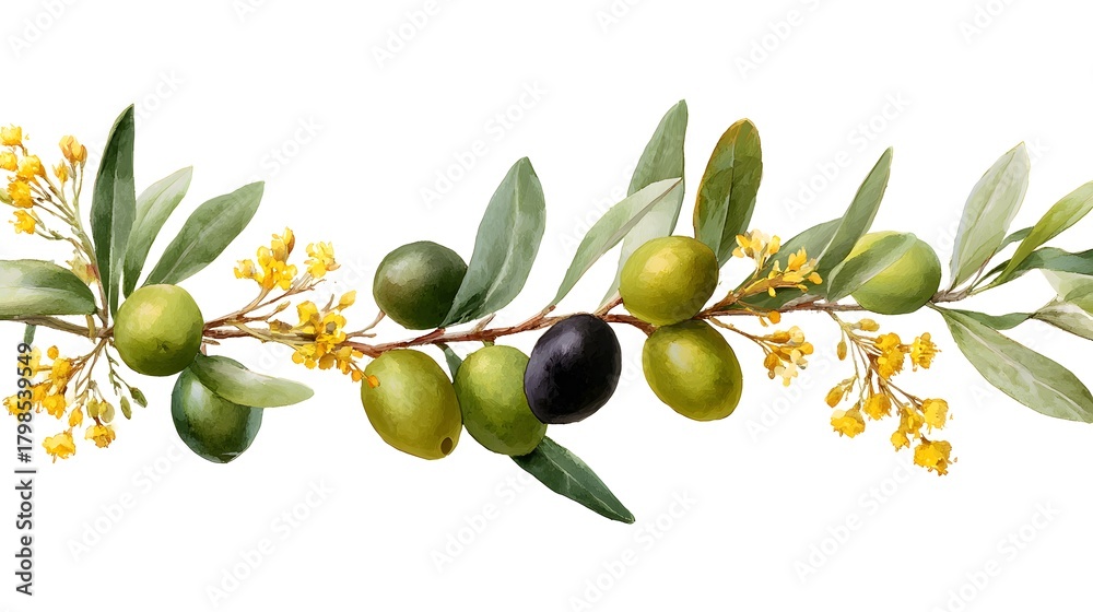 Obraz premium long narrow horizontal string of botanical illustration of black and green olives and leaves, yellow mini flores,